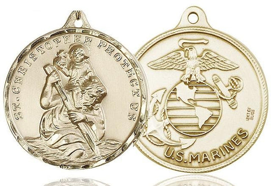 Extra Large St Christopher Marines Medal - 14kt Gold 1 3/8 x 1 1/4 Round Pendant 0203