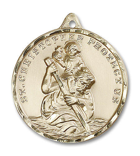 Extra Large St Christopher Medal - 14kt Gold 1 3/8 x 1 1/8 Round Pendant 0203C