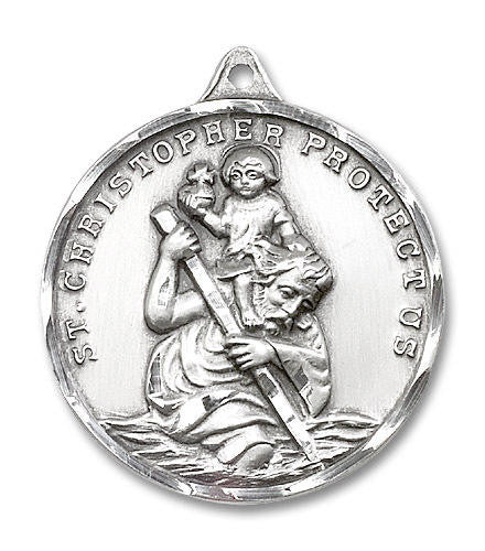 Extra Large St Christopher Medal - Sterling Silver 1 3/8 x 1 1/8 Round Pendant 0203CSS