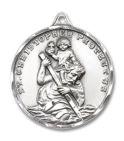 Extra Large St Christopher Medal - Sterling Silver 1 3/8 x 1 1/8 Round Pendant 0203CSS