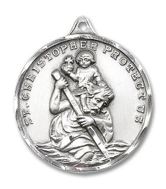 Extra Large St. Christopher Medal - Sterling Silver 1 3/8" x 1 1/8" Round Pendant (0203CSS)