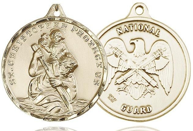 Extra Large St Christopher National Guard Medal - 14kt Gold 1 3/8 x 1 1/4 Round Pendant 0203