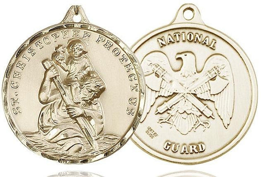 Extra Large St Christopher National Guard Medal - 14kt Gold 1 3/8 x 1 1/4 Round Pendant 0203