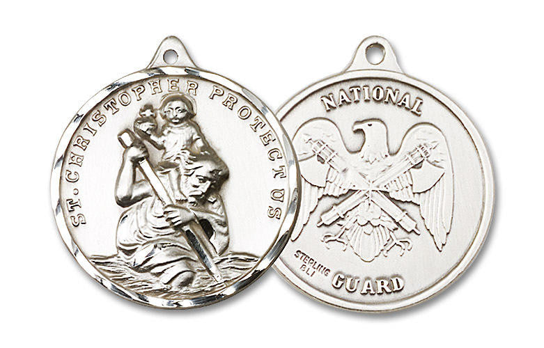 Extra Large St Christopher National Guard Medal - Sterling Silver 1 3/8 x 1 1/4 Round Pendant 0203SS5