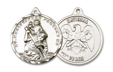 Extra Large St. Christopher National Guard Medal - Sterling Silver 1 3/8" x 1 1/4" Round Pendant (0203SS5)