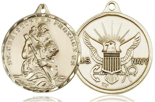 Extra Large St Christopher Navy Medal - 14kt Gold 1 3/8 x 1 1/4 Round Pendant 0203