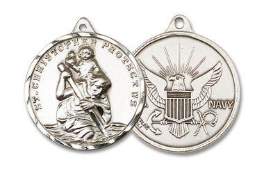 Extra Large St. Christopher Navy Medal - Sterling Silver 1 3/8" x 1 1/4" Round Pendant (0203SS6)