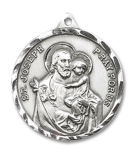Extra Large St Joseph Medal - Sterling Silver 1 3/8 x 1 1/8 Round Pendant 0203KSS