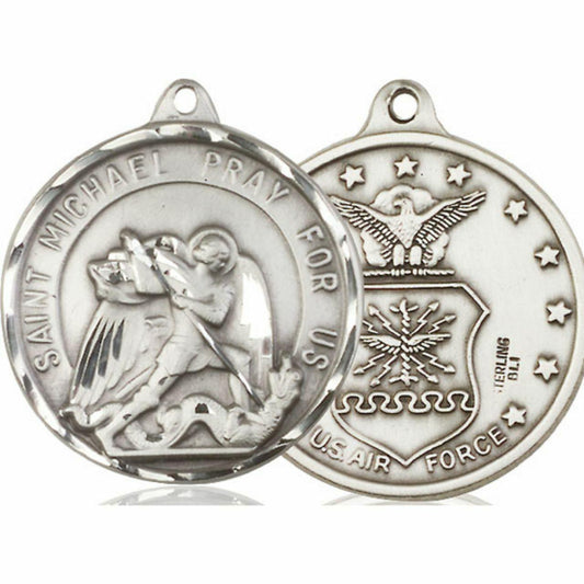 Extra Large St Michael Air Force Medal - Sterling Silver 1 3/8 x 1 1/4 Round Pendant 0201SS1