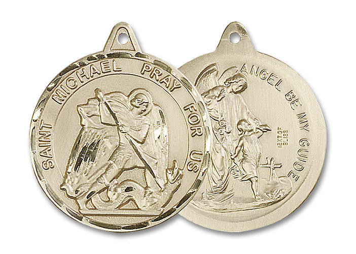 Extra Large St Michael and Guardian Angel Medal - 14kt Gold 1 3/8 x 1 1/4 Round Pendant 0201R