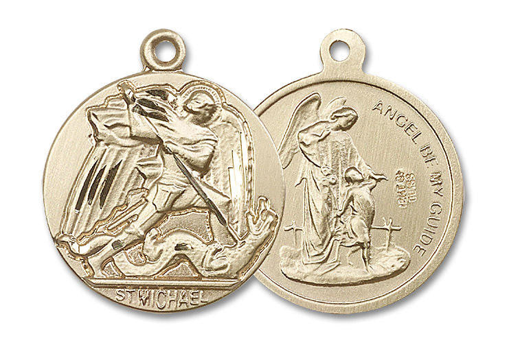 Extra Large St Michael and Guardian Angel Medal - 14kt Gold 1 3/8 x 1 1/8 Round Pendant 0841
