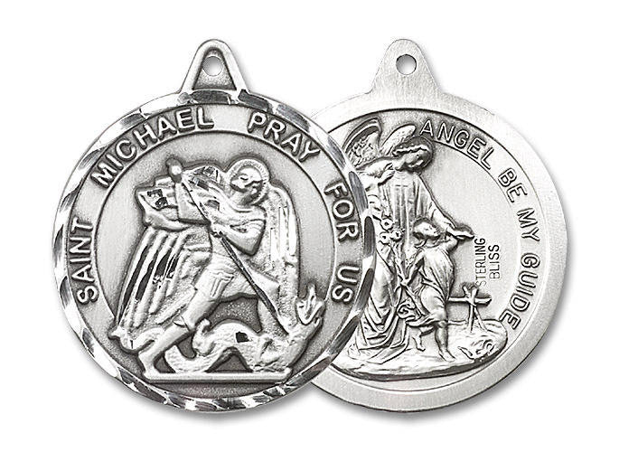 Extra Large St Michael and Guardian Angel Medal - Sterling Silver 1 3/8 x 1 1/4 Round Pendant 0201RSS