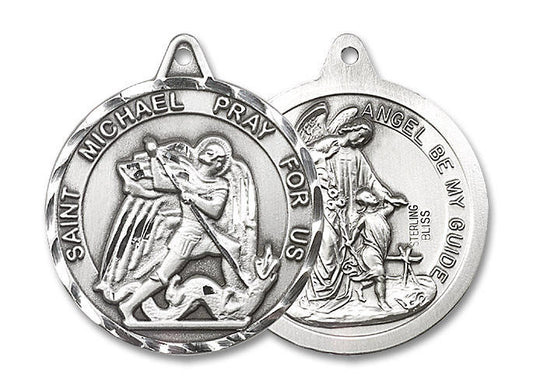 Extra Large St Michael and Guardian Angel Medal - Sterling Silver 1 3/8 x 1 1/4 Round Pendant 0201RSS