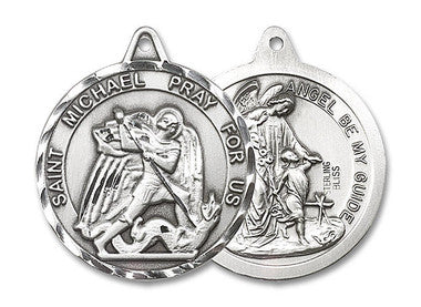 Extra Large St. Michael & Guardian Angel Medal - Sterling Silver 1 3/8" x 1 1/4" Round Pendant (0201RSS)