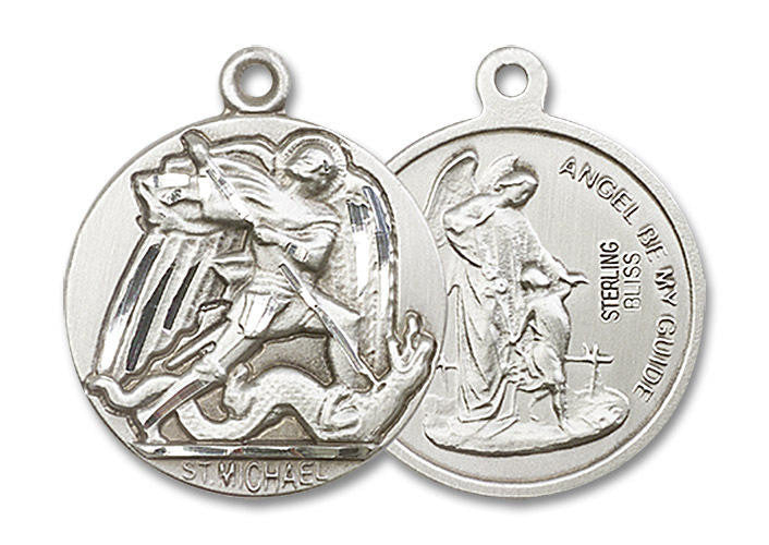 Extra Large St Michael and Guardian Angel Medal - Sterling Silver 1 3/8 x 1 1/8 Round Pendant 0841SS