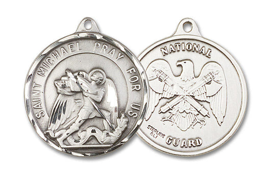 Extra Large St Michael National Guard Medal - Sterling Silver 1 3/8 x 1 1/4 Round Pendant 0201SS5