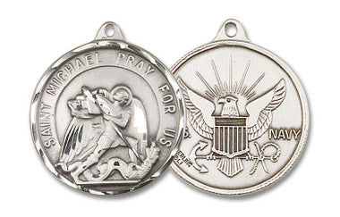 Extra Large St. Michael Navy Medal - Sterling Silver 1 3/8" x 1 1/4" Round Pendant (0201SS6)