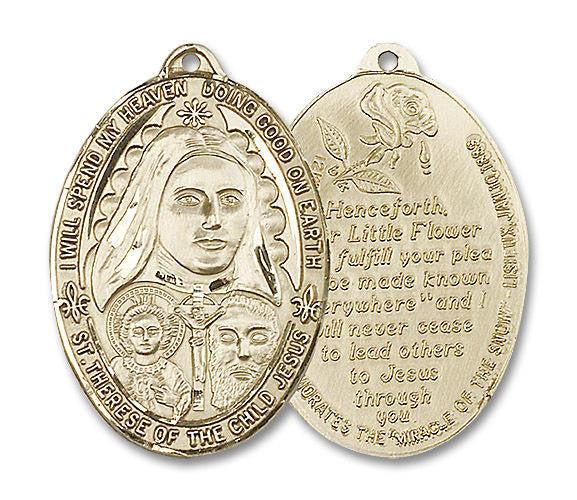 Extra Large St Therese of the Child Jesus Medal - 14kt Gold 1 3/8 x 1 Oval Pendant 4147