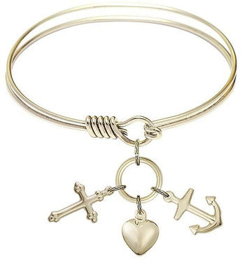 Faith, Hope & Charity Round Eye Hook Bangle Bracelet - Gold-Filled Charm - 6.25 Inch  (4158GF)