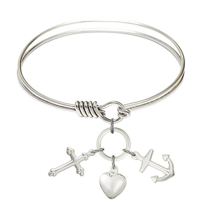 Faith, Hope and Charity Round Eye Hook Bangle Bracelet - Sterling Silver Charm - 6.25 Inch 4158SS