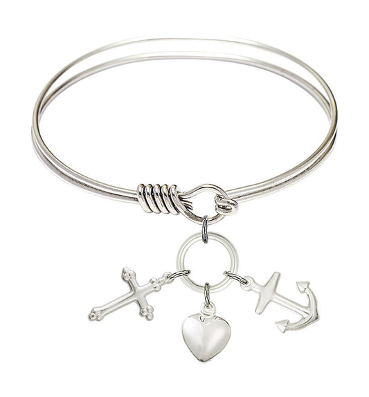Faith, Hope and Charity Round Eye Hook Bangle Bracelet - Sterling Silver Charm - 6.25 Inch 4158SS