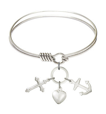 Faith, Hope & Charity Round Eye Hook Bangle Bracelet - Sterling Silver Charm - 6.25 Inch  (4158SS)