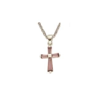 February Baguette Cross Necklace - Sterling Silver Pendant on 16 Stainless Chain SX9017SH