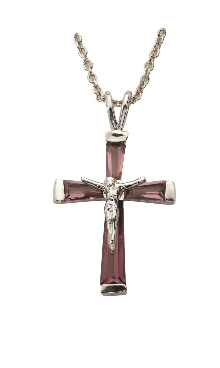 February Birthstone Crucifix Necklace - Sterling Silver Pendant on 18 Stainless Steel Chain SX9298SH