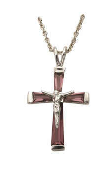 February Birthstone Crucifix Necklace - Sterling Silver Pendant on 18" Stainless Steel Chain (SX9298SH)