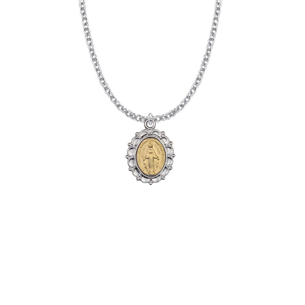 Filigree Miraculous Medal Necklace - Two-Tone Sterling Silver Pendant On 18 Stainless Chain SM8127SH