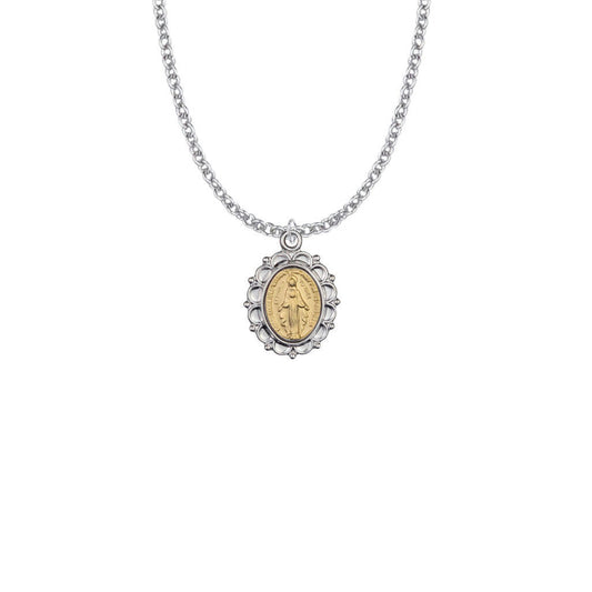 Filigree Miraculous Medal Necklace - Two-Tone Sterling Silver Pendant On 18 Stainless Chain SM8127SH
