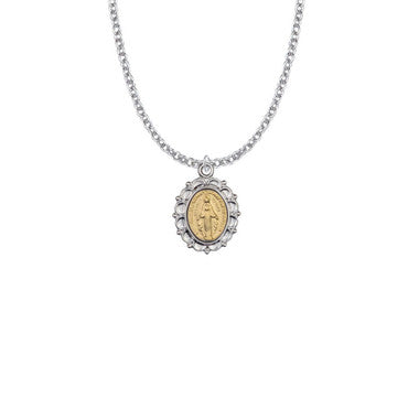 Filigree Miraculous Medal Necklace - Two-Tone Sterling Silver Pendant On 18" Stainless Chain (SM8127SH)