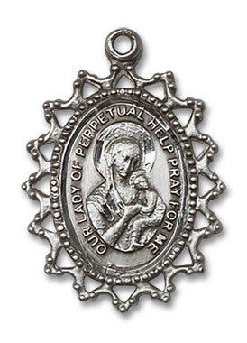 Filligree Large Our Lady of Perpetual Help Medal - Sterling Silver 1" x 3/4" Pendant (1619HSS)