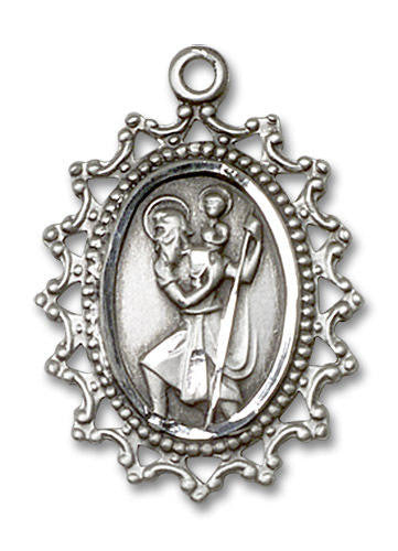 Filligree St Christopher Medal - Sterling Silver 1 x 3/4 Pendant 1619CSS