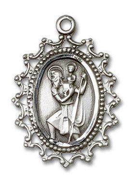 Filligree St. Christopher Medal - Sterling Silver 1" x 3/4" Pendant (1619CSS)