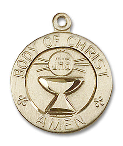 First Communion Body of Christ Medal - 14kt Gold 3/4 x 5/8 Round Pendant 2094