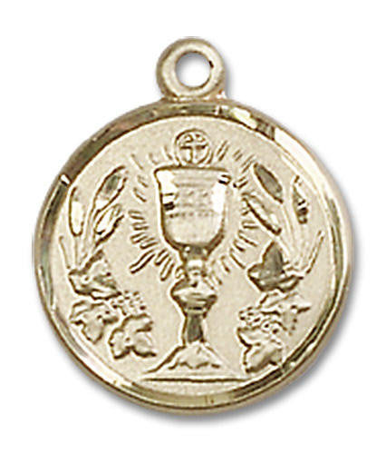 First Communion Chalice Medal Charm - 14kt Gold Round Pendant 4203