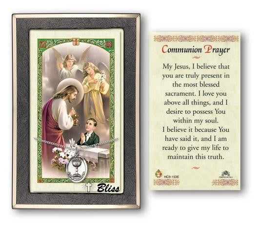 First Holy Communion Medal With Prayer Card - Sterling Silver 3/4 x 1/2 Oval Pendant PC0876SS