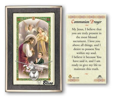 First Holy Communion Medal With Prayer Card - Sterling Silver 3/4" x 1/2" Oval Pendant (PC0876SS)