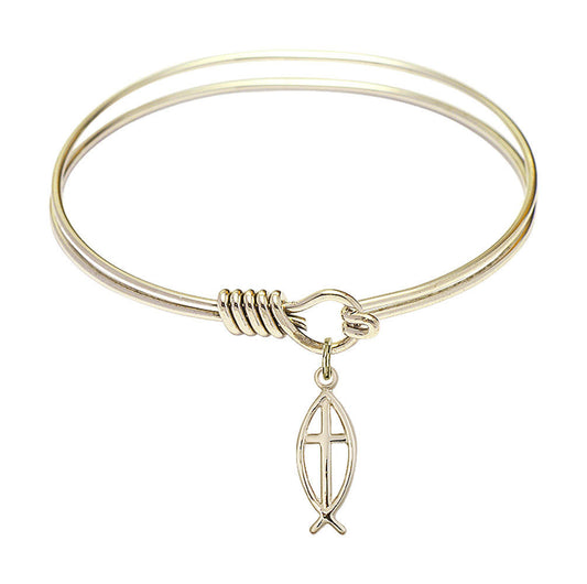 Fish - Cross Round Eye Hook Bangle Bracelet - Gold-Filled Charm - 6.25 Inch 4251GF