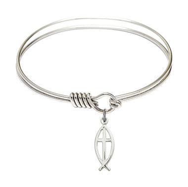 Fish Cross Round Eye Hook Bangle Bracelet - Sterling Silver Charm - 6.25 Inch  (4251SS)