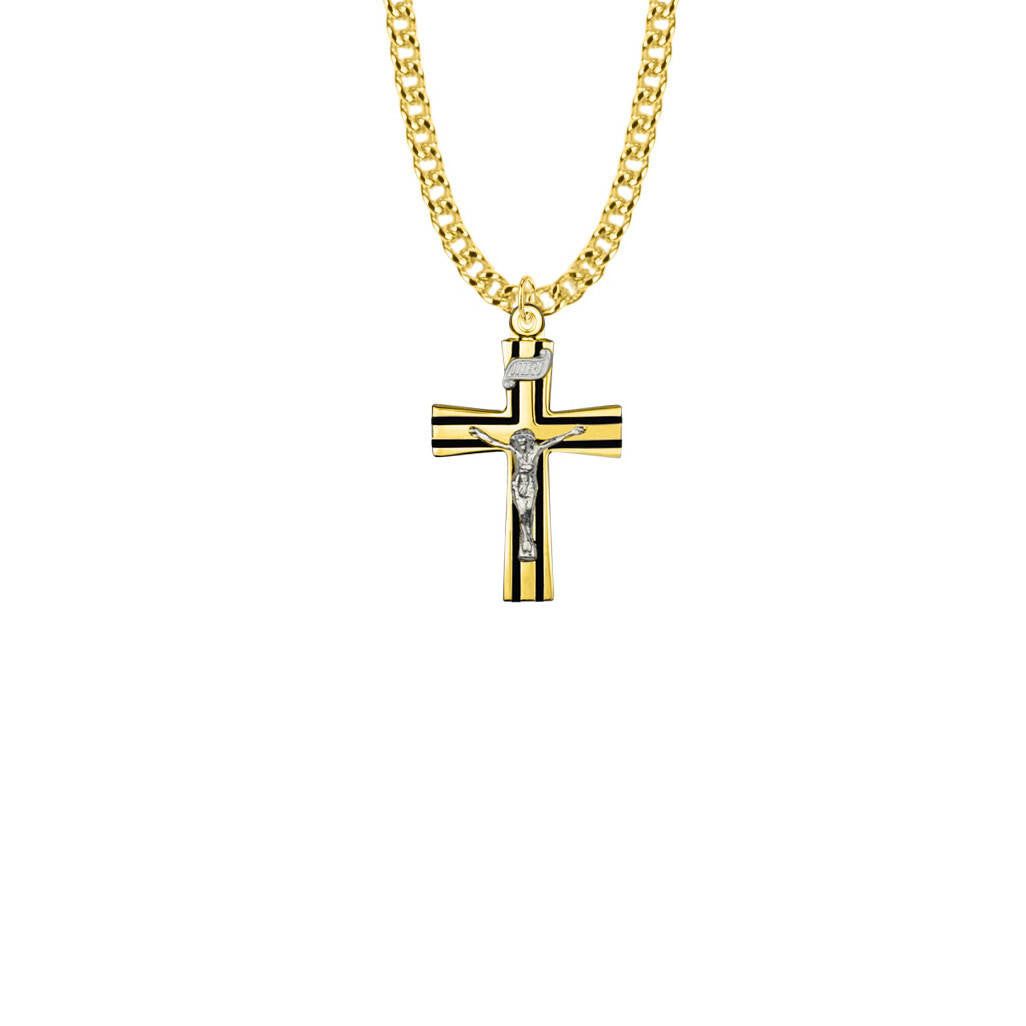 Flared Antique Crucifix with Black Enamel Necklace - 14KT Gold over Sterling Silver Pendant On 20 Gold Plated Chain SX8070VH