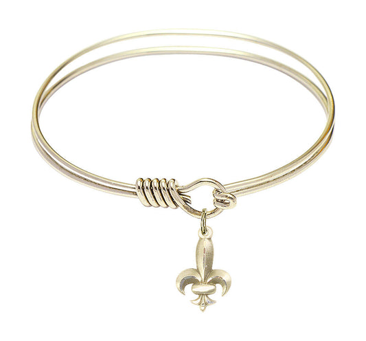 Fleur De Lis Round Eye Hook Bangle Bracelet - Gold-Filled Charm - 6.25 Inch 0293GF