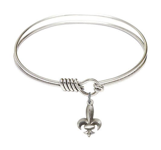 Fleur De Lis Round Eye Hook Bangle Bracelet - Sterling Silver Charm - 6.25 Inch 0293SS