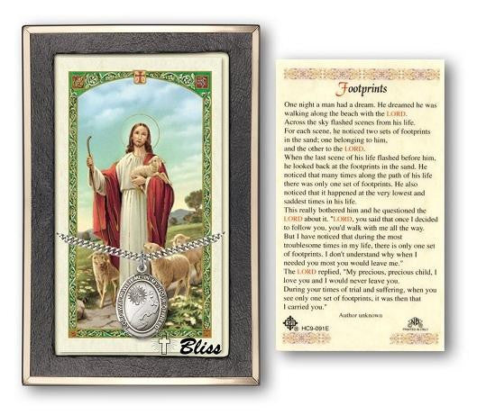 Footprints Medal With Prayer Card - Sterling Silver 1 x 3/4 Oval Pendant PC7237SS