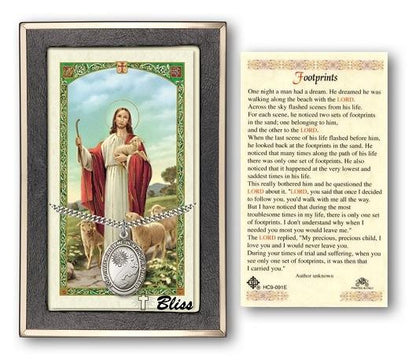 Footprints Medal With Prayer Card - Sterling Silver 1 x 3/4 Oval Pendant PC7237SS