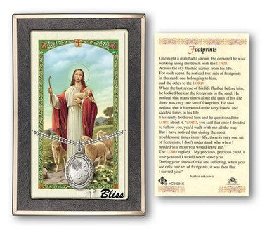 Footprints Medal With Prayer Card - Sterling Silver 1" x 3/4" Oval Pendant (PC7237SS)