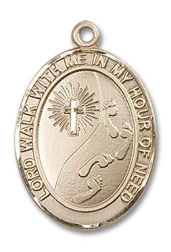 Footprints With Cross Medal - 14kt Gold Oval Pendant 3 Sizes