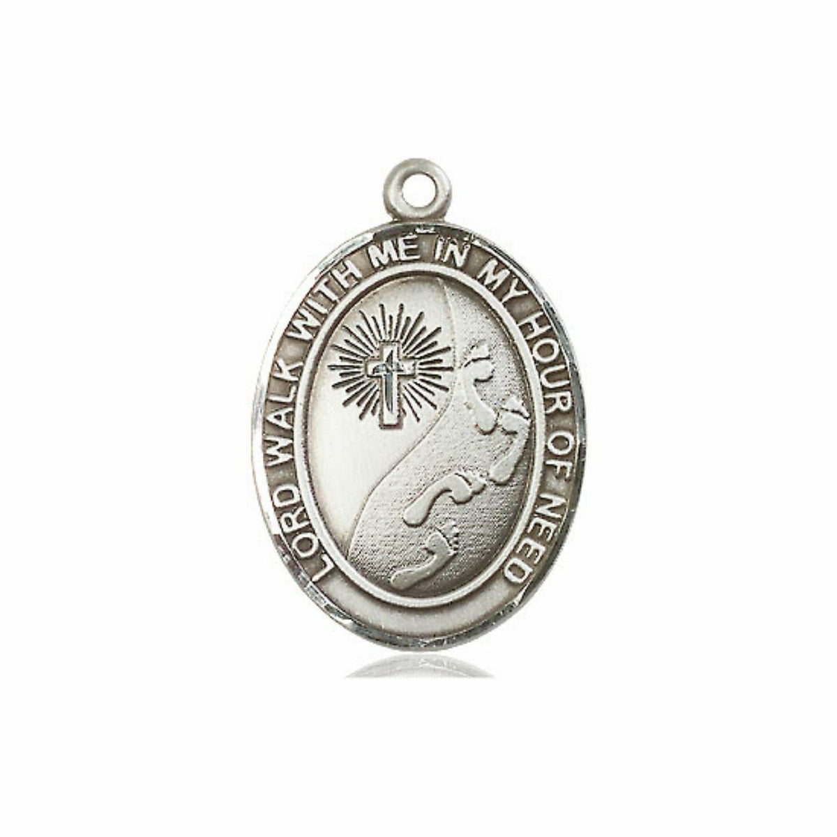 Footprints With Cross Medal - Sterling Silver Oval Pendant 3 Sizes