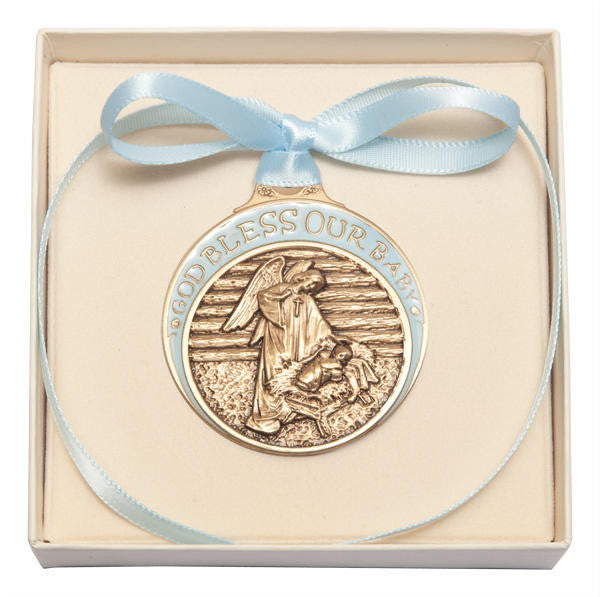 Gold Oxide Baby In Manger Crib Medal With Blue Ribbon - Pendant 4301BGX
